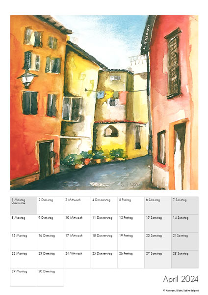 Kunstkalender 2024, April, Motiv Rovinj Kroatien, Aquarelle von Sabine Leipold