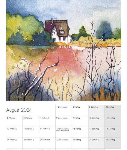 Kunstkalender 2024, August, Motiv Hiddensee, Windliese, Aquarelle von Sabine Leipold