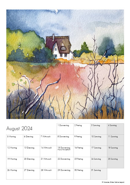 Kunstkalender 2024, August, Motiv Hiddensee, Windliese, Aquarelle von Sabine Leipold