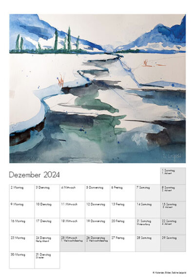 Kunstkalender 2024, Dezember, Flusslandschaft im Winter, Aquarelle von Sabine Leipold