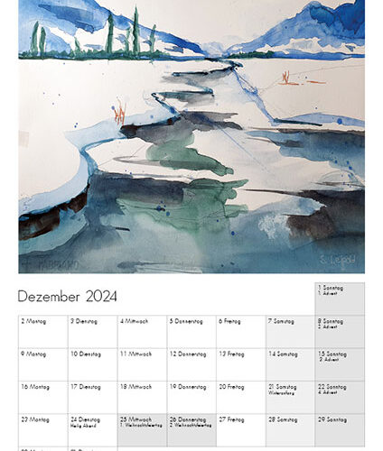 Kunstkalender 2024, Dezember, Flusslandschaft im Winter, Aquarelle von Sabine Leipold