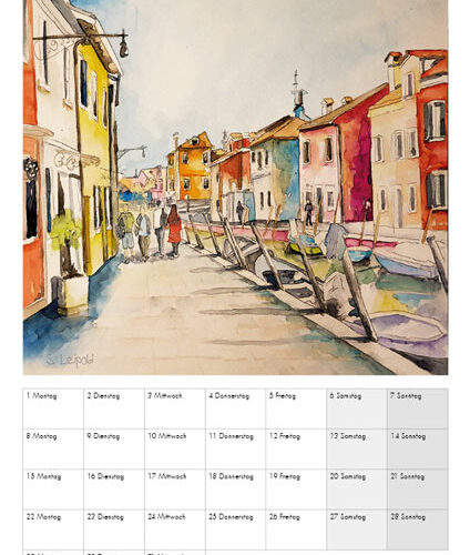 Kunstkalender 2024, Juli, Motiv Burano, Italien, Aquarelle von Sabine Leipold