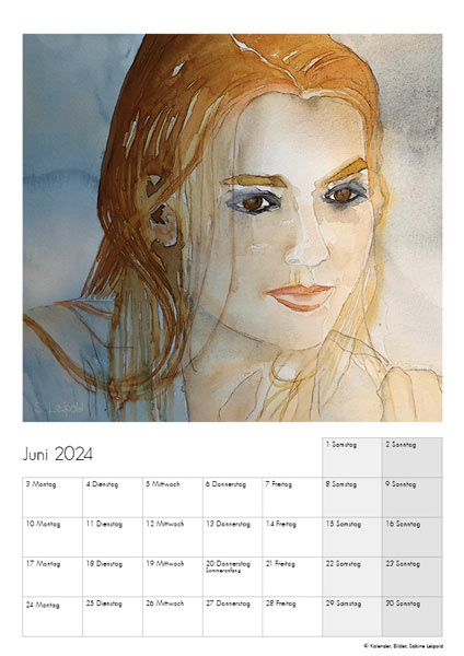 Kunstkalender 2024, Juni, Motiv Frau Portrait, Aquarelle von Sabine Leipold