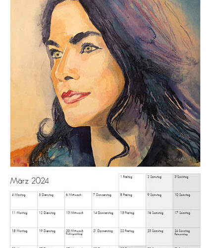 Kunstkalender 2024, März, Frau, Portrait, Aquarelle von Sabine Leipold