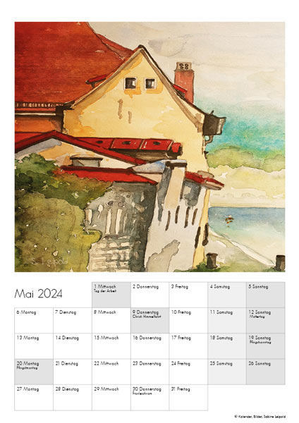 Kunstkalender 2024, Mai, Motiv Regensburg, Aquarelle von Sabine Leipold