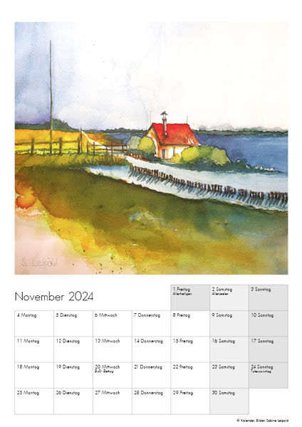 Kunstkalender 2024, November, Ostsee, Aquarelle von Sabine Leipold