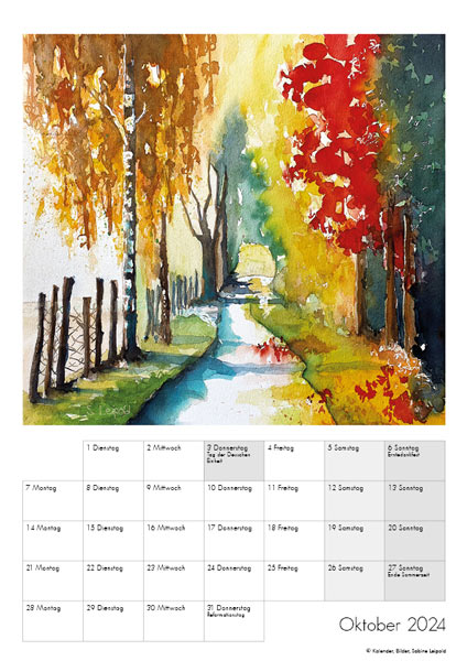 Kunstkalender 2024, Oktober, Herbstlandschaft, Aquarelle von Sabine Leipold